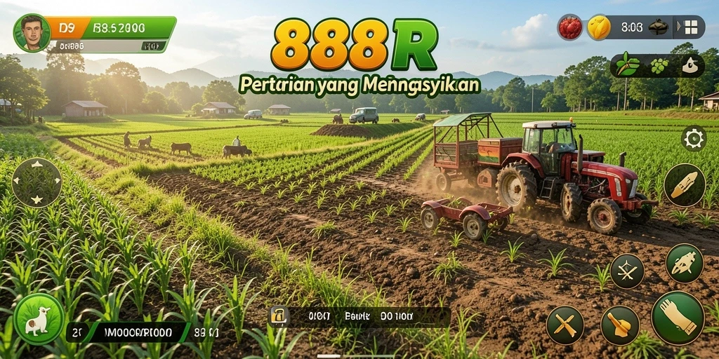 Screenshot gameplay <strong>888R</strong> yang menunjukkan ladang yang subur dan hewan ternak.