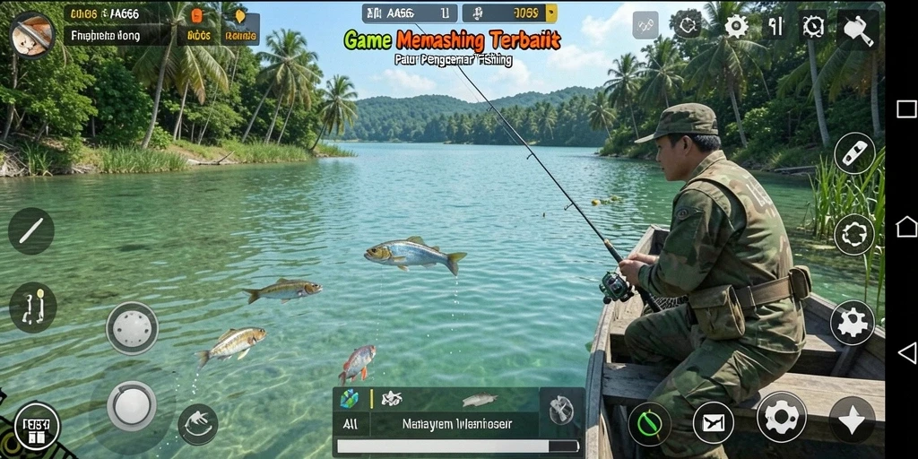 Tampilan gameplay AA666 dengan suasana pemandangan memancing yang indah.