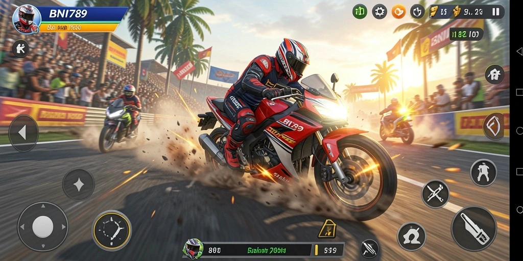Tampilan grafis menakjubkan dalam gameplay BNI789 saat balapan motor.