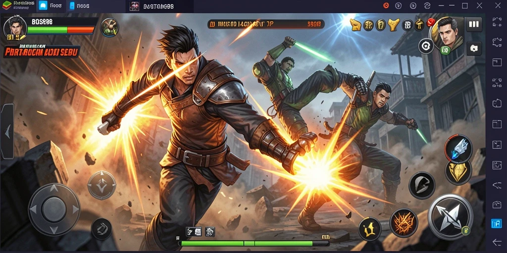 Screenshot utama menunjukkan gameplay mendebarkan dengan pertarungan action.