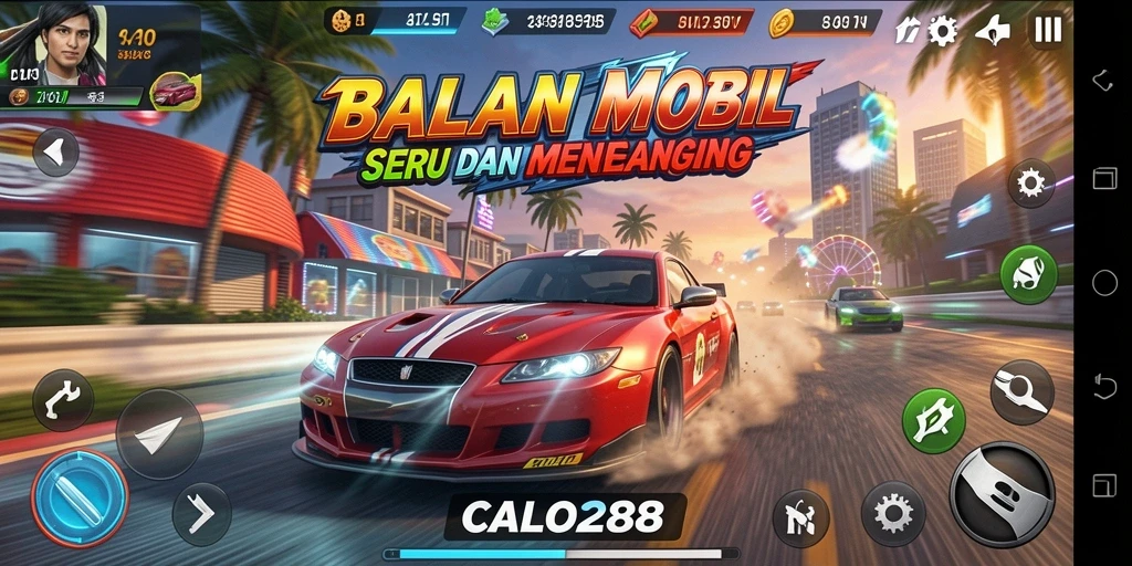 Tampilan gameplay seru di CALO288 saat balapan mobil kencang.