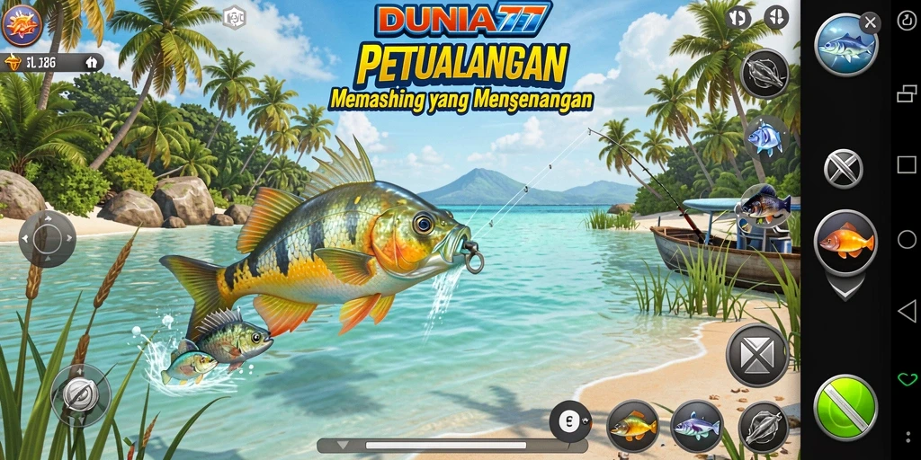 Screenshot gameplay DUNIA77 dengan tampilan memancing yang menawan.