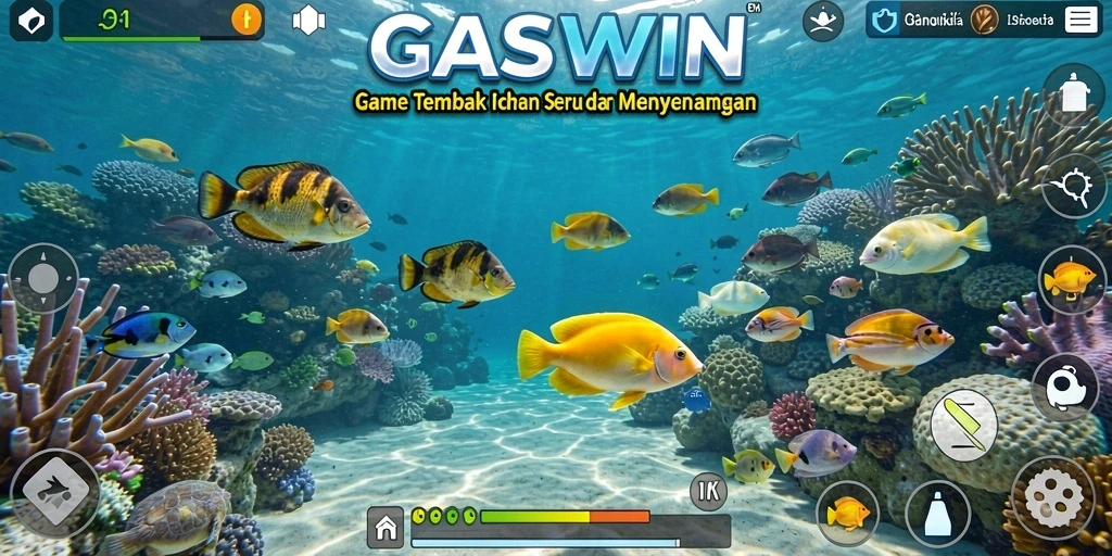 Screenshot dari gameplay GASWIN menampilkan aksi menembak ikan yang seru.