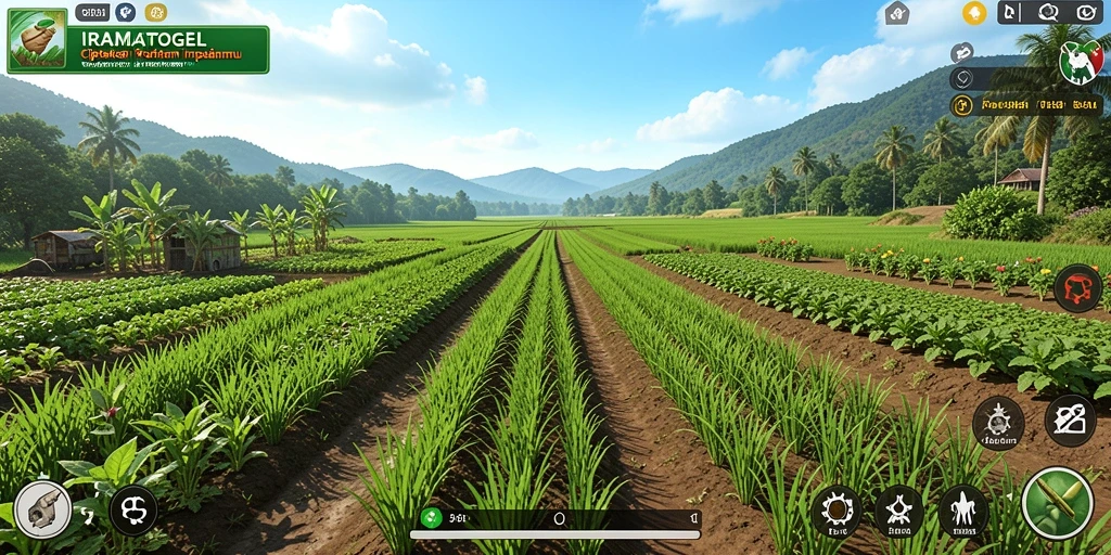 Tangkapan layar gameplay IRAMATOGEL menampilkan keindahan pertanian yang subur.