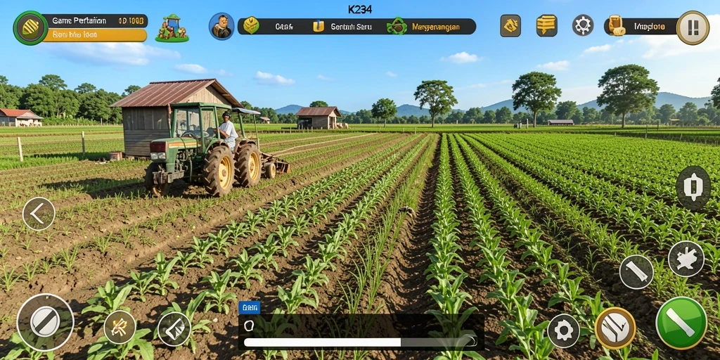 Screenshot gameplay K234 yang menampilkan suasana pertanian yang asri.