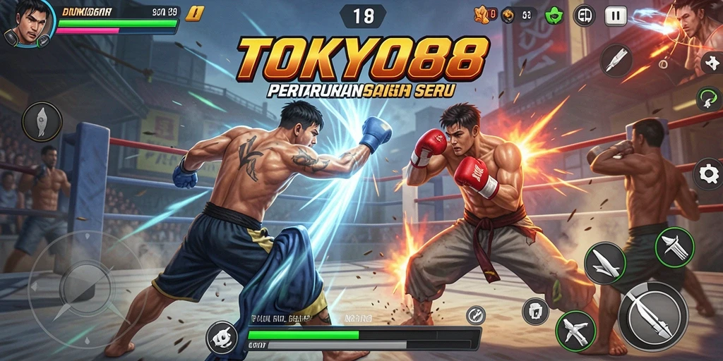 Screenshot gameplay TOKYO88 menampilkan pertarungan seru di arena.