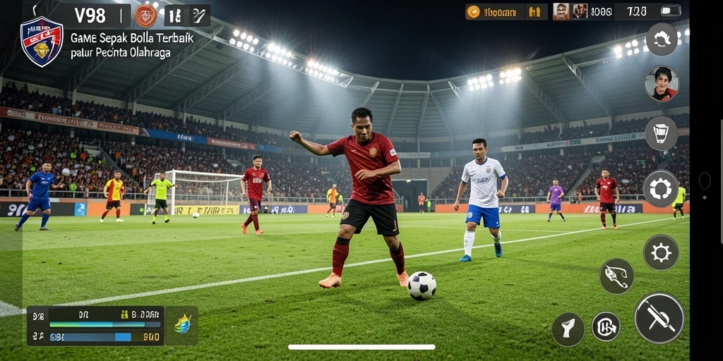 Tampilan gameplay V98 yang menarik dengan aksi sepak bola nyata.